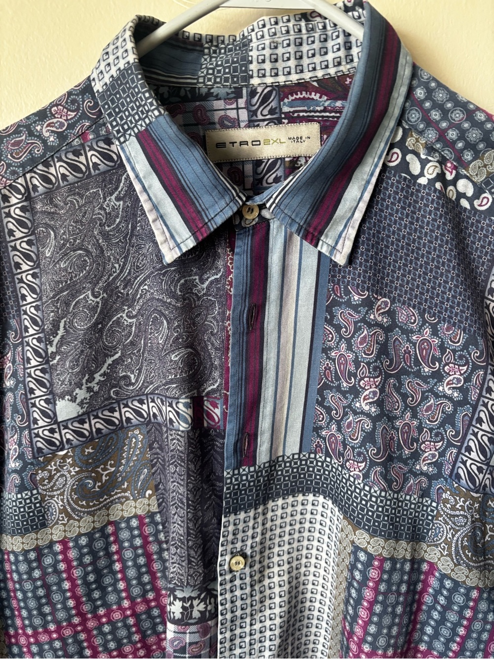 Etro Patchwork Paisley Button-Down Shirt in Blue, Burgundy and Gray